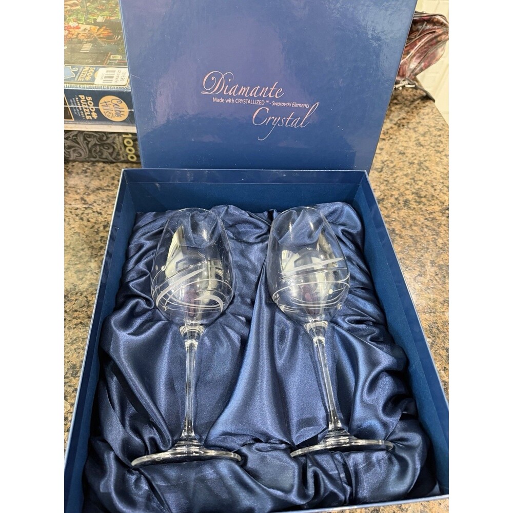 Diamante Crystal Atlantis Wine Glasses Set of 2 With Swarovski Elements Gift Box